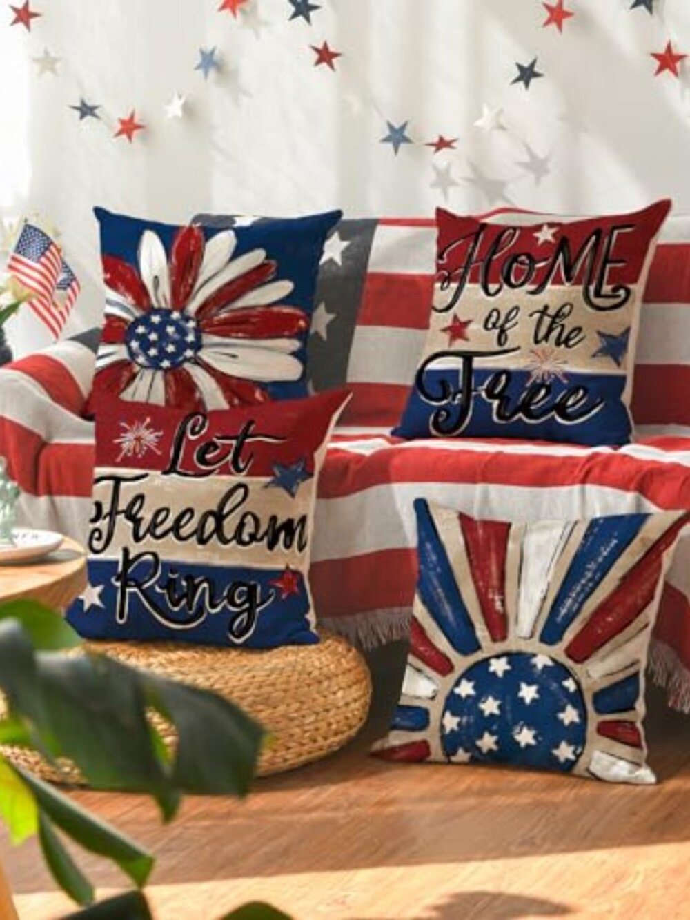 New - Let Freedom Ring Stars Fireworks Red White Flower Throw Pillow Covers‎